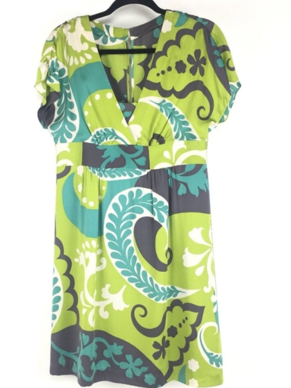 Boden Silk Flutter Dress in Kiwi Damask Swirl 10